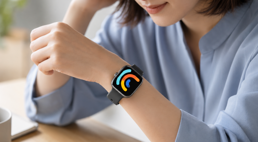 Redmi Watch 6を腕に装着し、薄型デザインと快適なフィット感を確認している様子