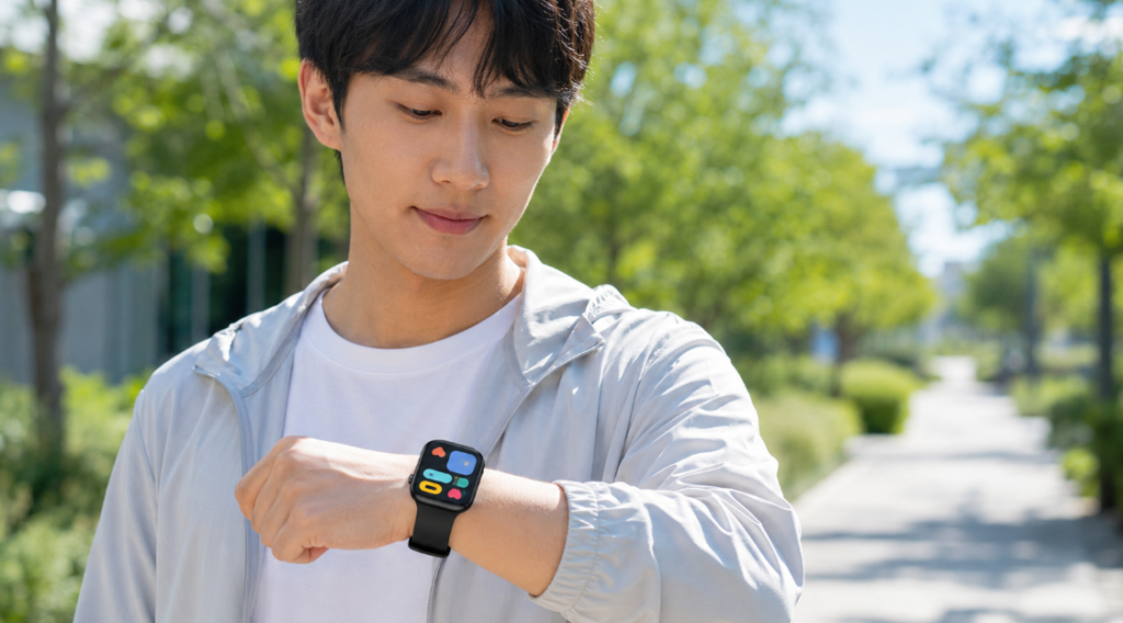 屋外でRedmi Watch 6の明るいディスプレイを確認する男性と見やすい通知画面