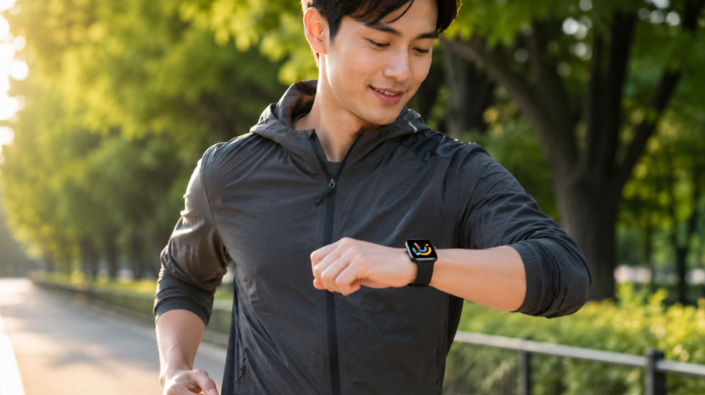Redmi Watch 6を装着してジョギングしながら運動記録を確認する男性