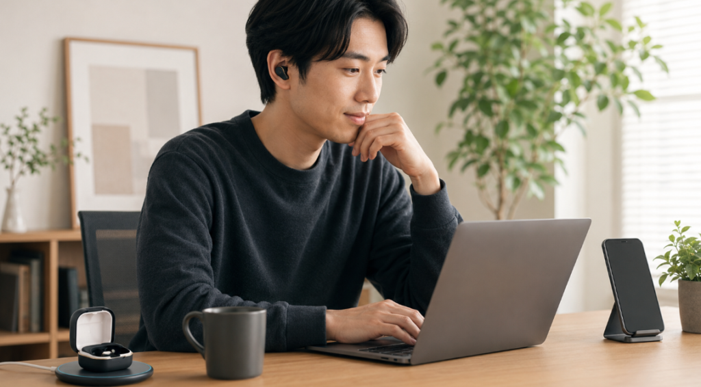 在宅ワーク中にaviot te q3r風の黒いワイヤレスイヤホンを使い、パソコンとスマホを併用する日本人男性