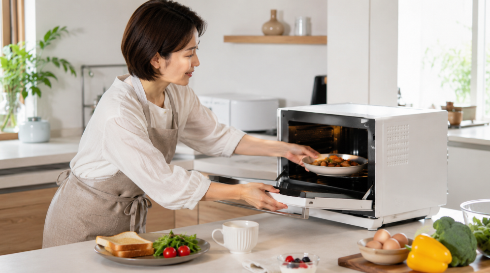 ER-D90Cのお急ぎモードをイメージした、忙しい朝にオーブンレンジで食事を温める日本人女性