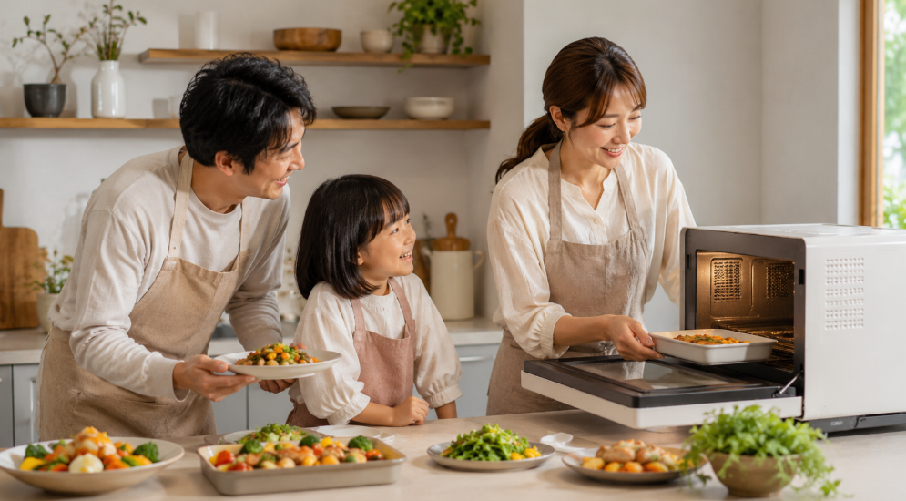 ER-D90Bのコスパの良さを表す、家族で石窯ドーム風オーブンレンジを使って料理を楽しむ様子