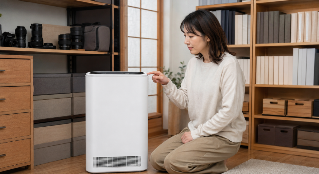 書庫やカメラ機材のある部屋で除湿機を操作し、MJ-PHDV24ZXの低湿度管理をイメージする女性