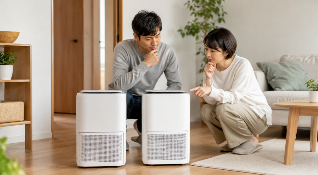 日本人夫婦が2台の除湿機を見比べてMJ-PHDV24ZXとMJ-PHDV24YXの選び方を考える様子