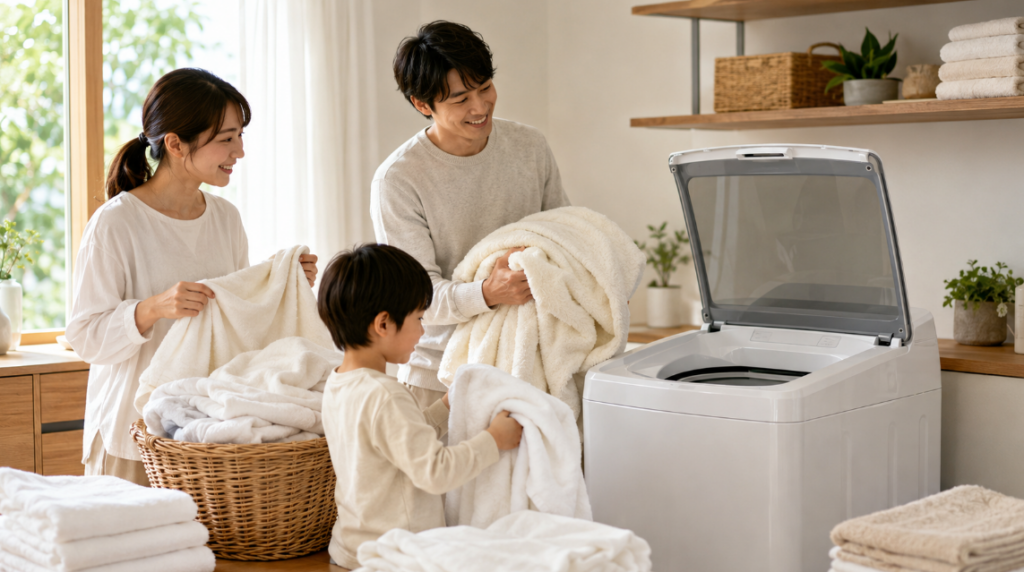 12kg大容量洗濯機でタオルや毛布をまとめ洗いする日本人家族のランドリールーム