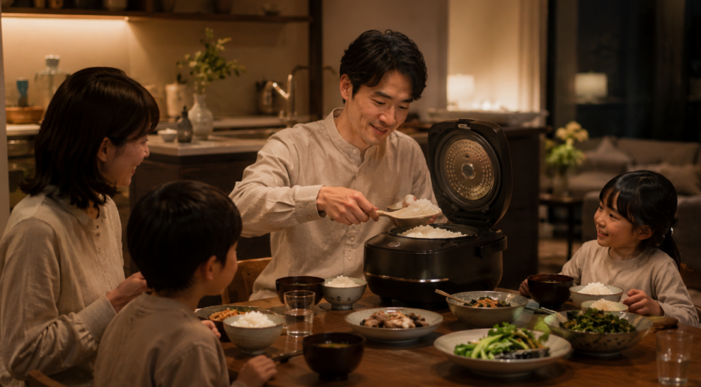 保温したご飯を家族で楽しむタイガー圧力IH炊飯器のある夕食風景