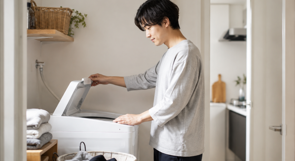 BW-G70Pのシンプルな操作性とコスパをイメージした、男性が白い縦型洗濯機を使うコンパクトな洗濯スペース