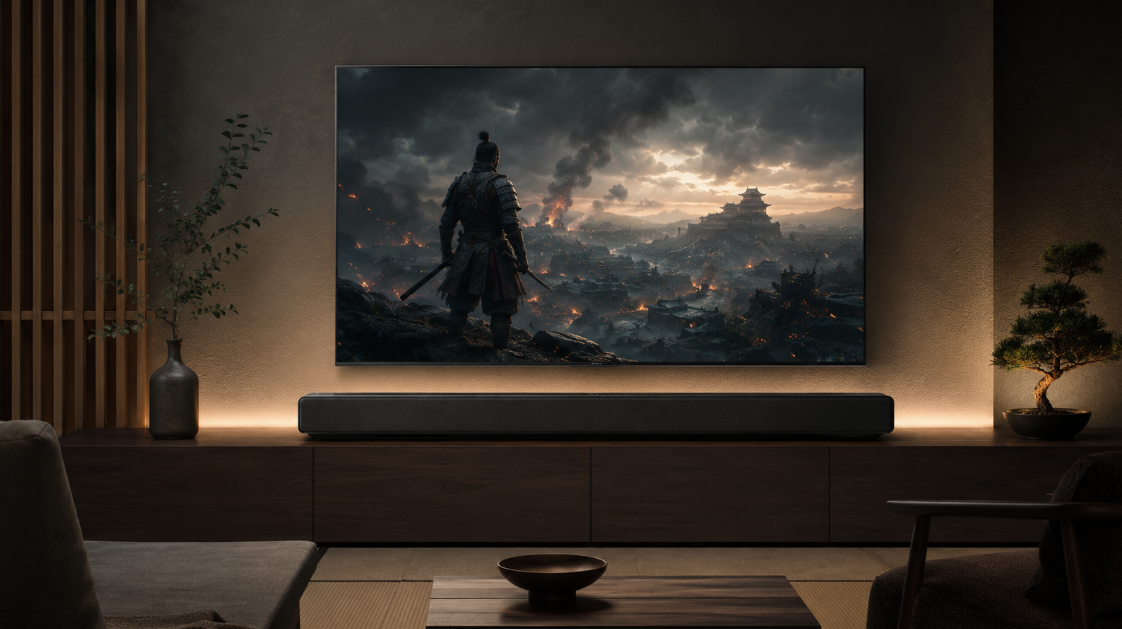 テレビ下に設置したJBLSB580AIOBLKJN CINEMAのようなサウンドバーで映画を楽しむホームシアター空間