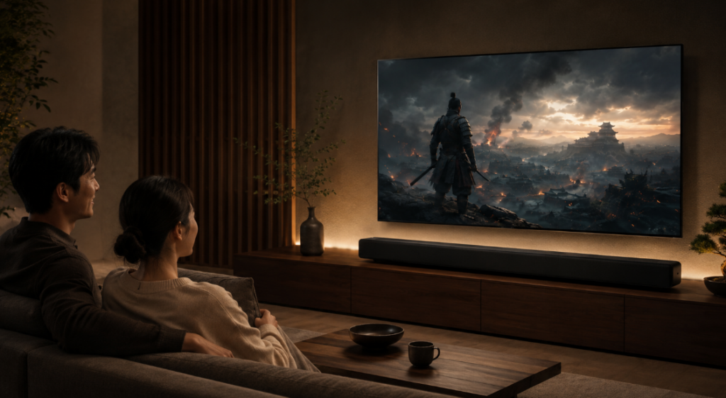 JBLSB580AIOBLKJN CINEMAで映画のセリフや迫力ある音を楽しむ日本人夫婦のリビングシーン