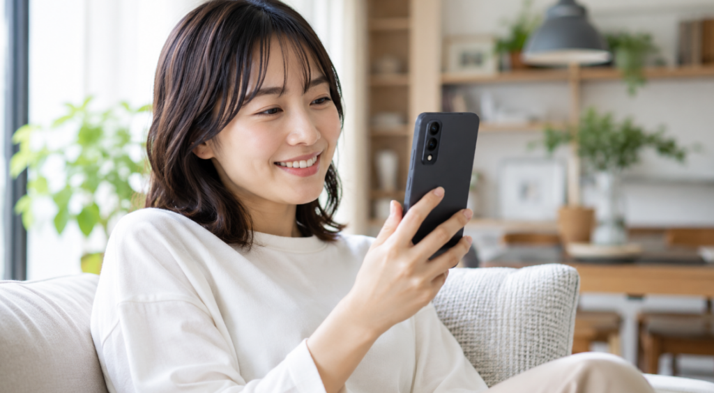 日本人女性がmoto g66j 5G風スマートフォンを室内で快適に使う日常利用イメージ