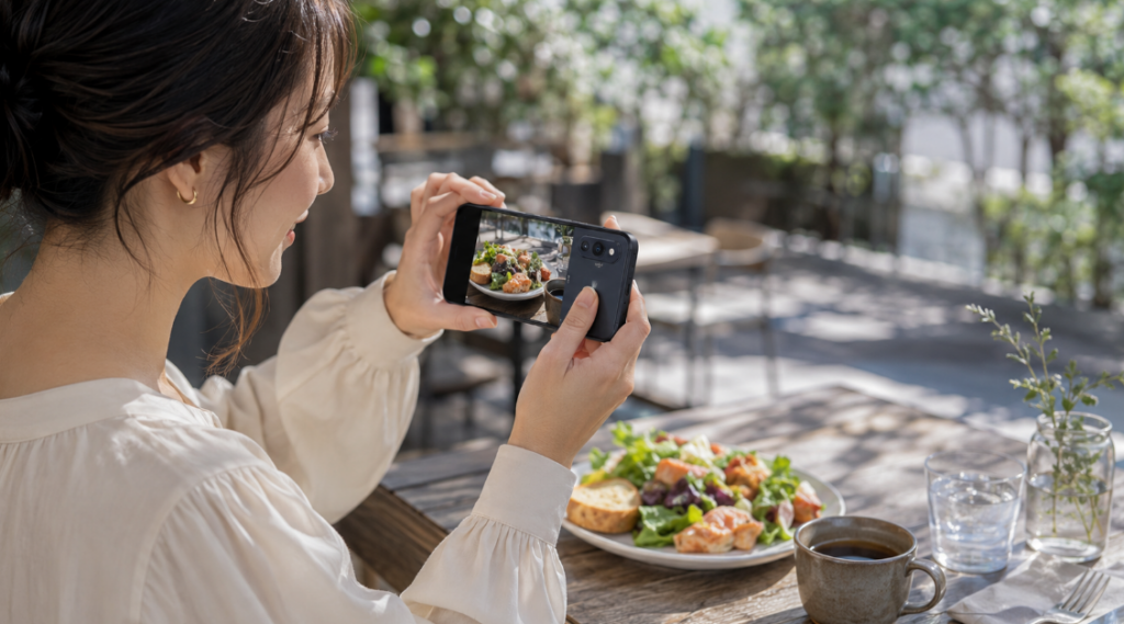 カフェで料理を撮影するmoto g66j 5G風スマートフォンのカメラ性能イメージ
