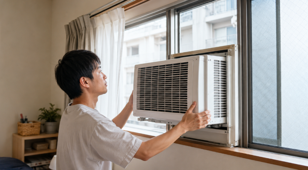 工事不要で窓用エアコンを取り付ける日本人男性の様子