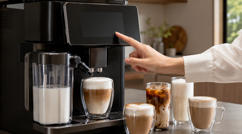 全自動コーヒーマシンでラテやアイスコーヒーなど多彩なミルクメニューを楽しむ様子