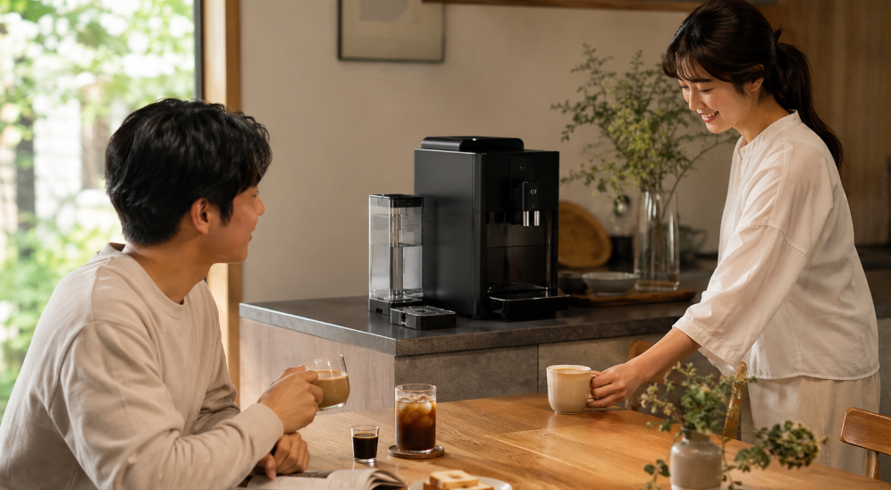 日本の家庭で全自動コーヒーマシンを使い夫婦でコーヒーを楽しむ朝の風景
