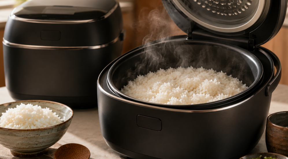 SR-X918DとSR-V10BBの炊飯技術をイメージした蒸気立つ炊飯器とふっくら白米
