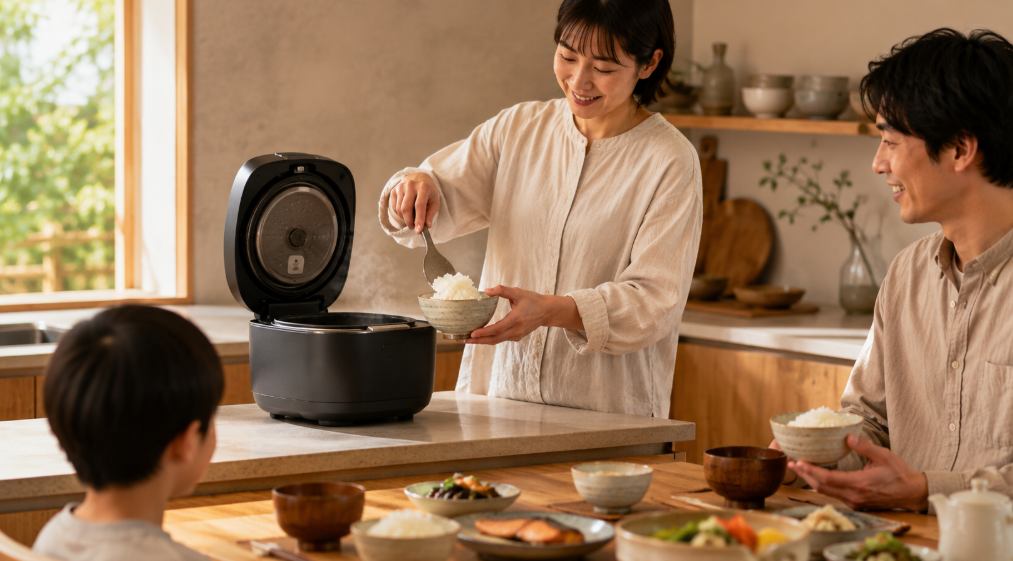 ビストロ炊飯器で炊いたごはんを家族で楽しむ食卓シーン