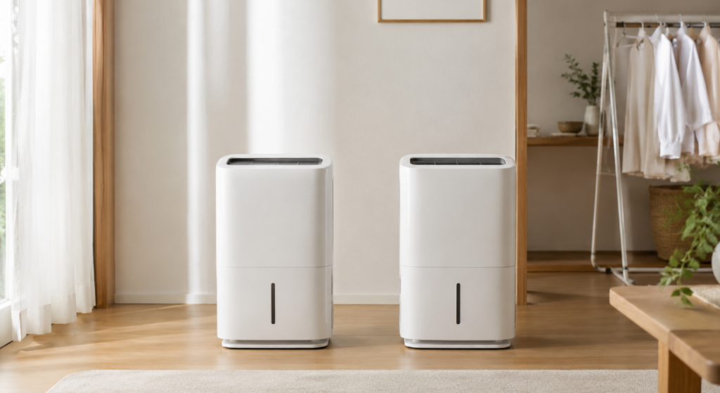 CD-WH1226とCD-WH1225の違いを比較するために並べられた2台の白い衣類乾燥除湿機