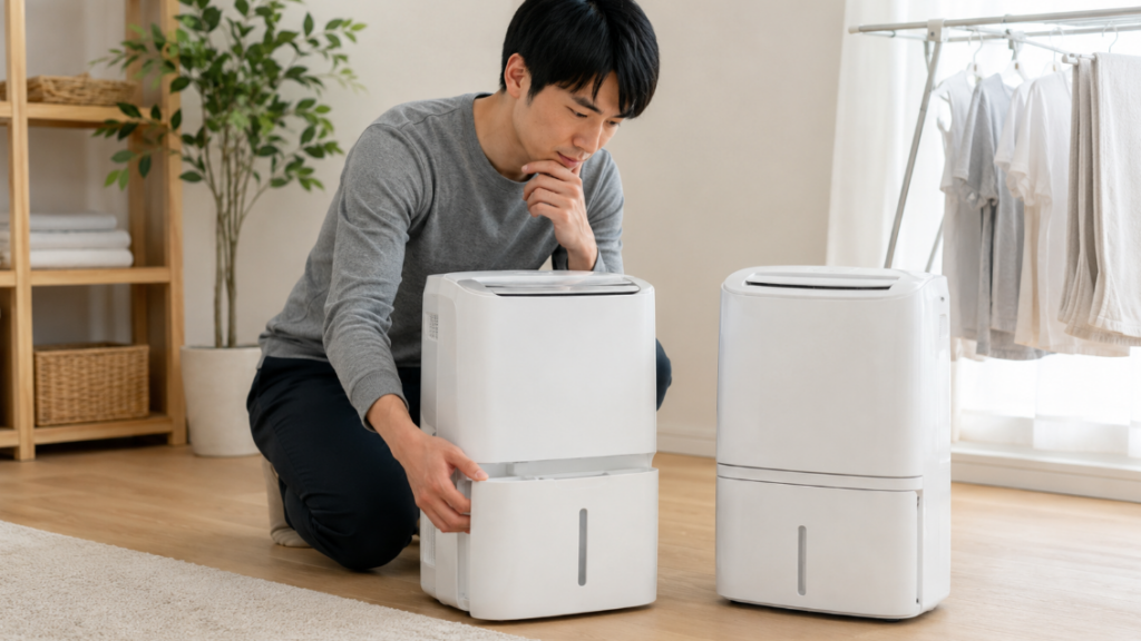 CD-WH1226とCD-WH1225の選び方を考えながら2台の除湿機を確認する日本人男性