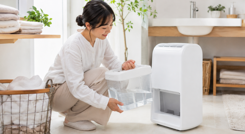 大容量タンクを取り外して確認する日本人女性と白い衣類乾燥除湿機
