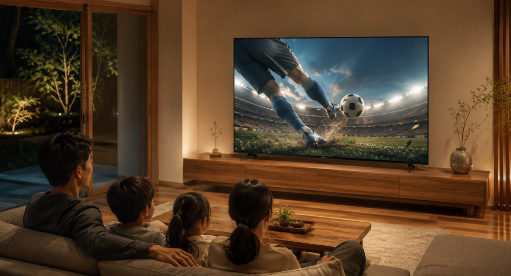 家族で大画面テレビを囲みスポーツ観戦を楽しむリビングの様子