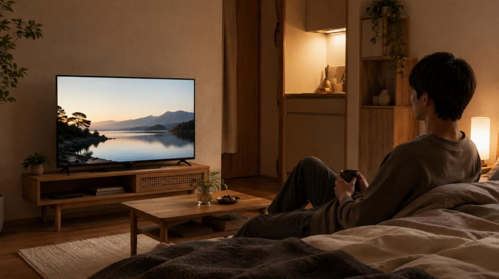 一人暮らしの部屋で43V型テレビを快適に視聴するイメージ