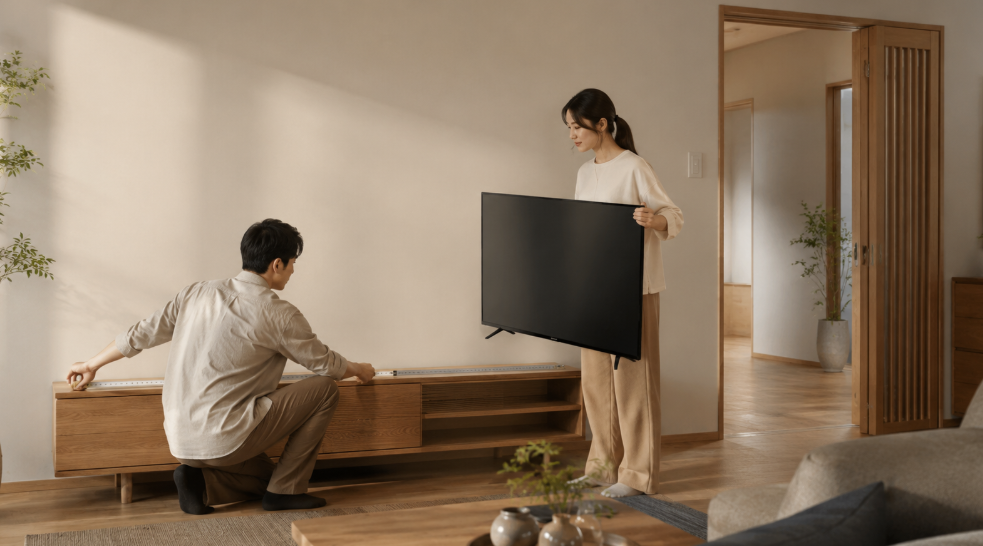テレビ台の幅を測りながら設置スペースを確認する夫婦の様子