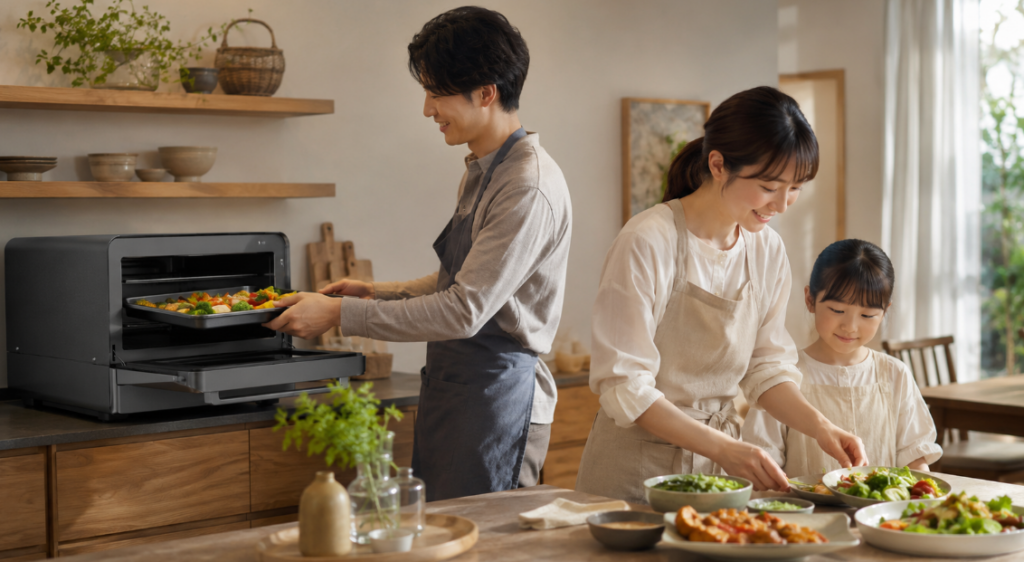 AX-RS1DとAX-RS1Cの使いやすさや時短調理をイメージした、家族で食事準備をする日本のキッチン画像。