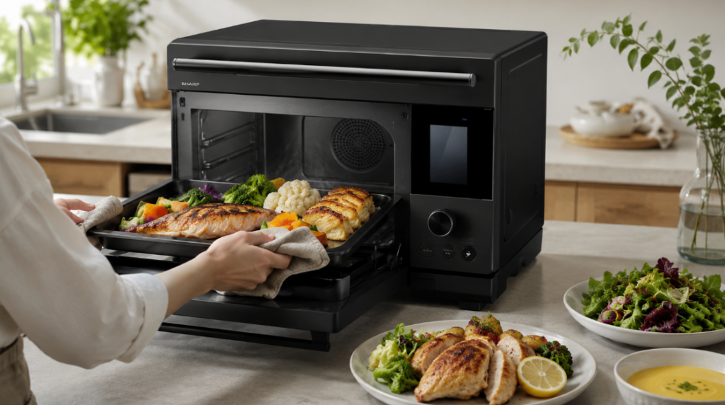 ヘルシオ風オーブンレンジから焼き魚や野菜を取り出す、AX-U1DとAX-U1C共通の過熱水蒸気調理を表した画像。