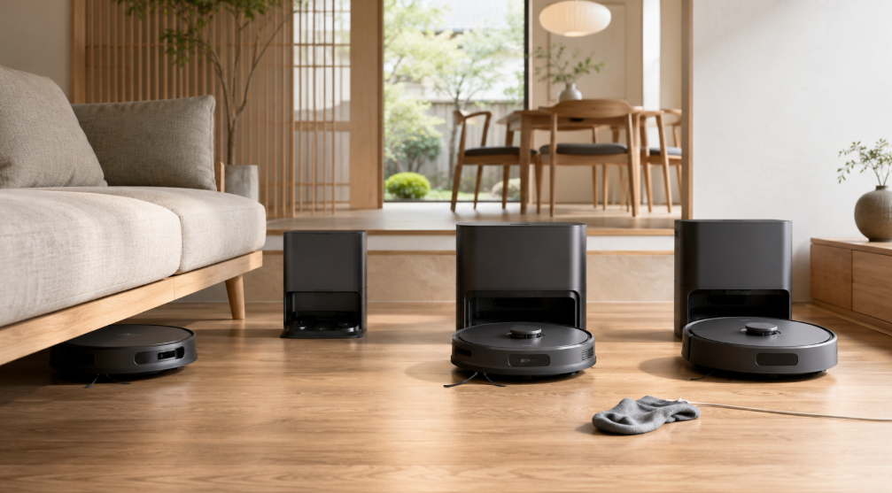Plus 515・Plus 505・Plus 405を比較するロボット掃除機と自動ステーションのイメージ