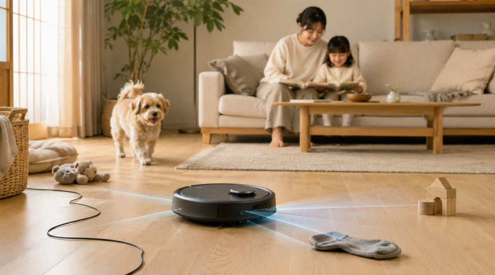 AIカメラ搭載ロボット掃除機が子どもやペットのいる家庭で障害物を避けて掃除する様子