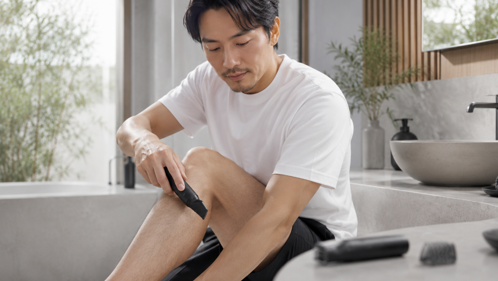 日本人男性がボディトリマーで脚のムダ毛を整える使用イメージ