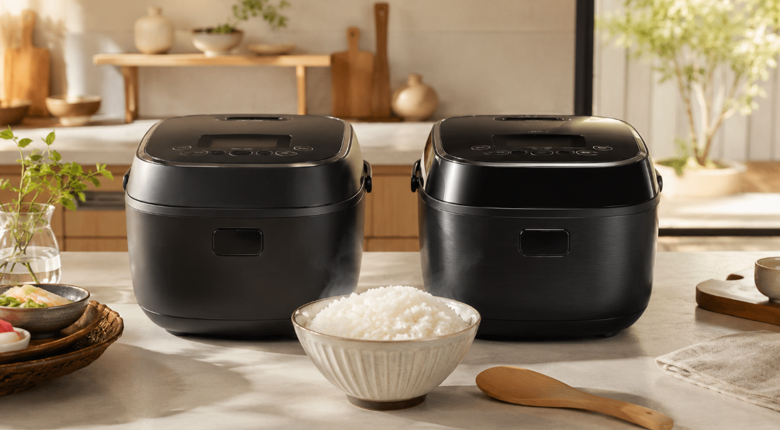 JPV-T100とJPV-C100を比較するために、2台の黒い炊飯器と炊きたてご飯を並べたキッチン風景。