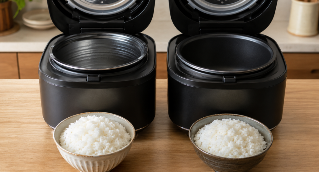 JPV-T100とJPV-C100の内釜の違いを比較できる、2台の炊飯器を開いた状態のキッチン画像。