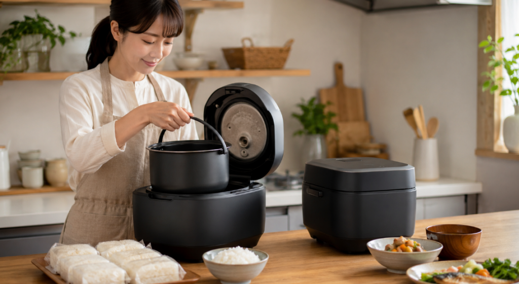 JPV-T100の内なべの持ち手や冷凍ご飯メニューなど、毎日使いやすい機能を表したキッチン風景。