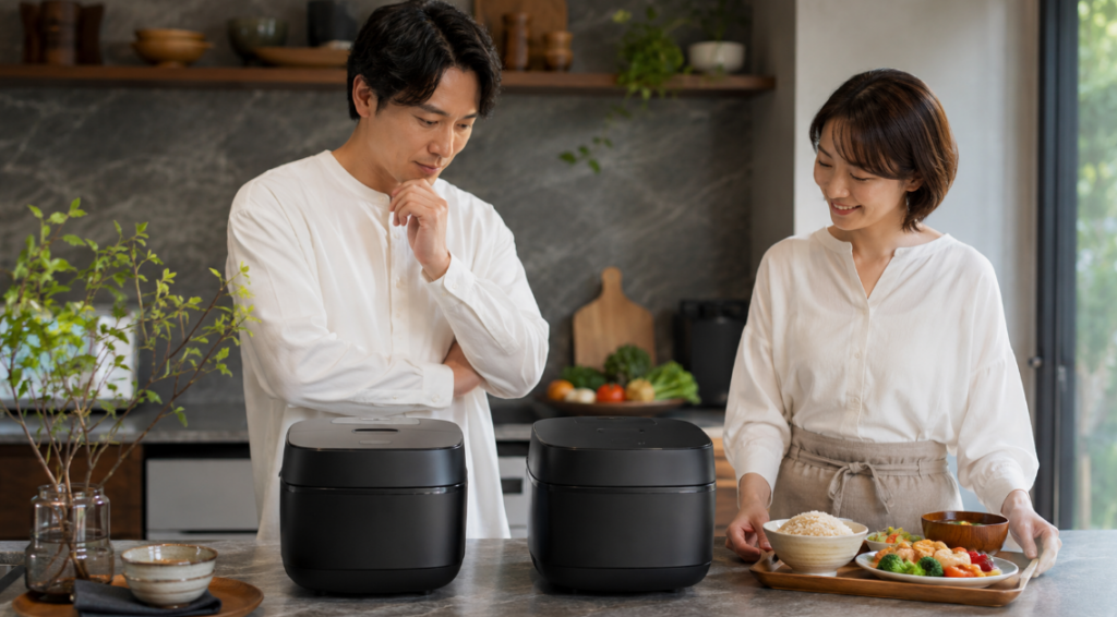 JPV-T100とJPV-C100のどちらを選ぶか、家族で炊飯器を比較しているキッチン風景。