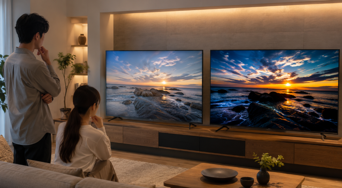 A55E670Rと55E770Sの画質の違いをリビングで比較する日本人男女と2台の55インチ4Kテレビ