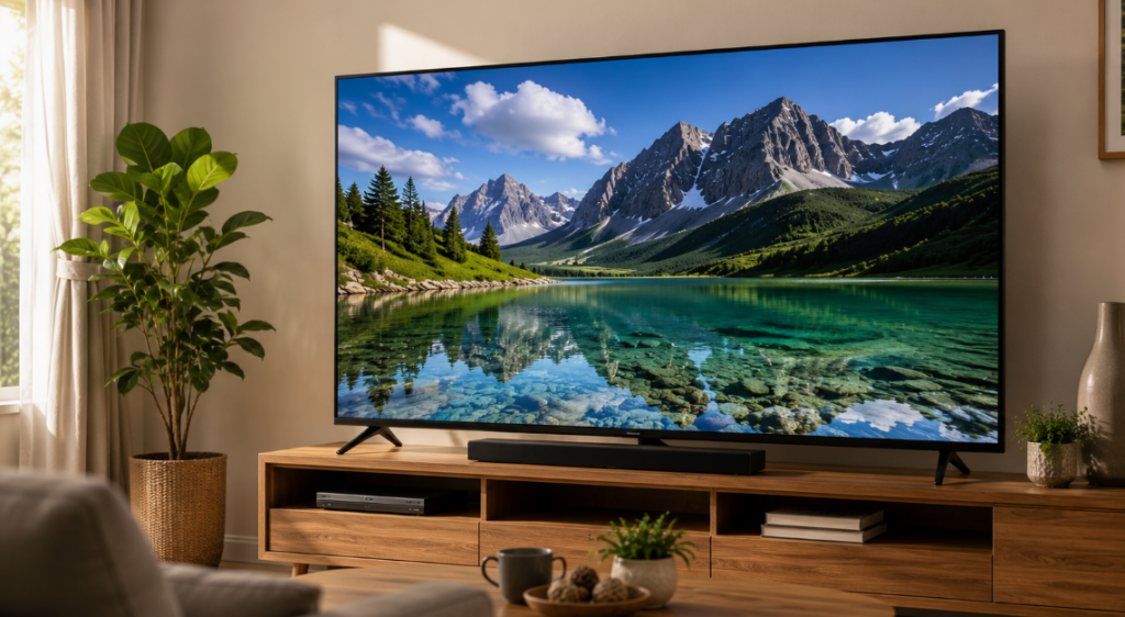 明るいリビングで大画面4Kテレビに美しい山岳風景を映し、REGZAの画質性能をイメージした画像