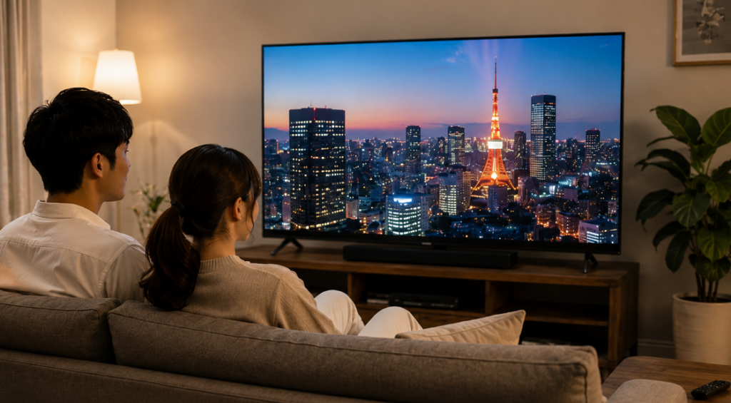 日本人夫婦がリビングで夜景映像を楽しむ様子で、55E770Sの高画質と映画視聴の満足感を表した画像