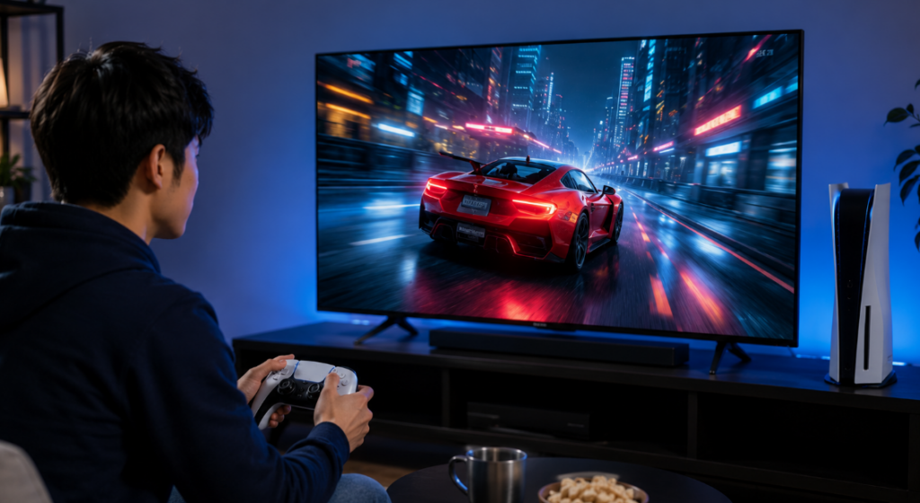 日本人男性が大画面テレビでレースゲームを楽しむ様子で、A55E670Rと55E770Sのゲーム性能を表した画像
