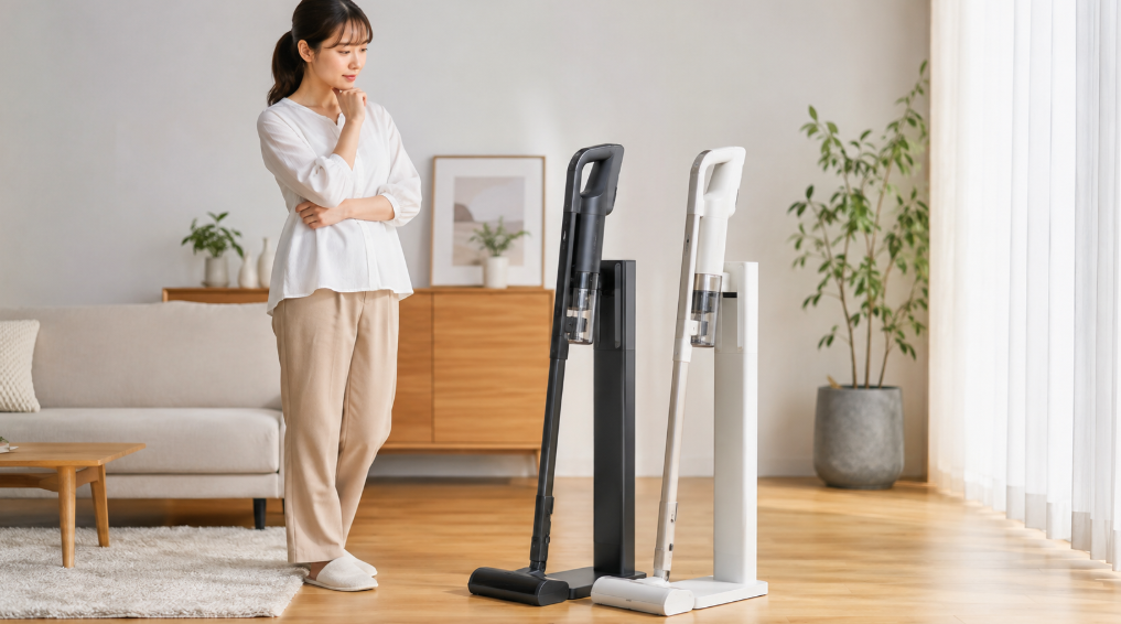 EC-KR70AとEC-KR50Aを比較して選ぶ日本人女性と、黒系・白系の紙パック式コードレス掃除機