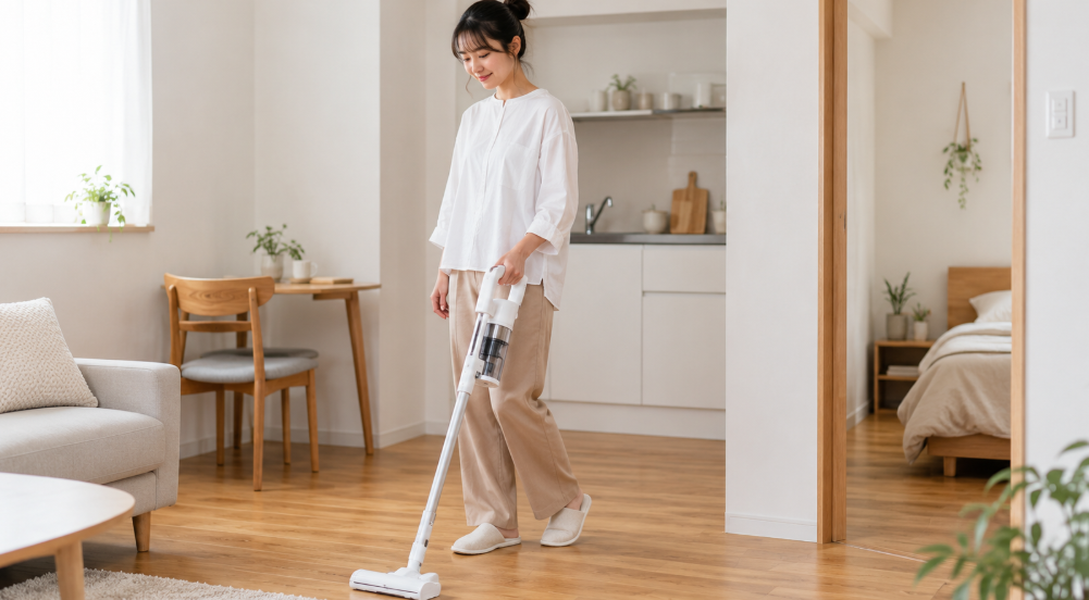 一人暮らしの部屋で軽量なEC-KR50A向け白系コードレス掃除機を使う日本人女性