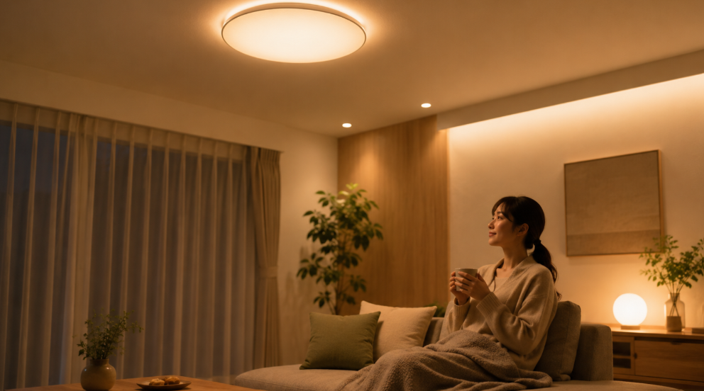 おめざめモードで朝の寝室をやさしく照らすLEDシーリングライトのイメージ