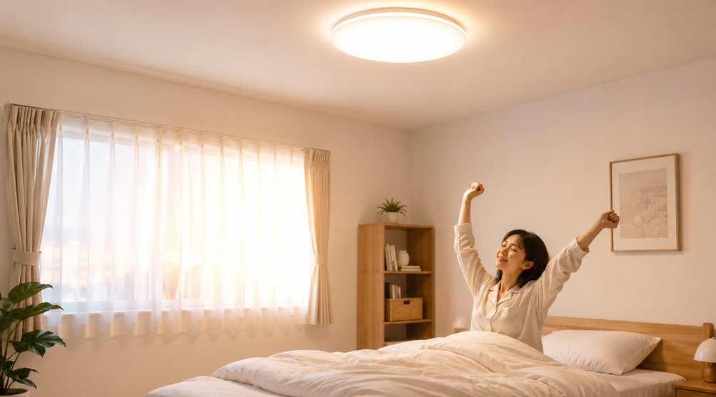 コンパクトで軽量なLEDシーリングライトを小さな部屋に取り付ける様子