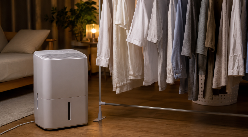 夜の部屋干しで白い除湿機を長時間使う様子とJS-E955Wの電気代目安