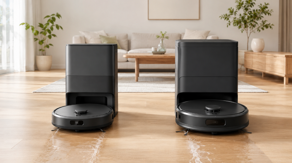 明るいリビングで2台のロボット掃除機とステーションを並べ、Plus 575コンボ+とPlus 505コンボ+の違いを比較するイメージ