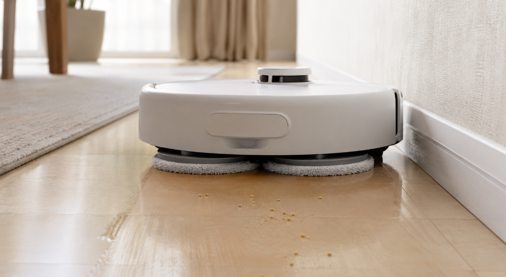 ロボット掃除機が回転モップで壁ぎわのフローリングを水拭きし、食べこぼし汚れを掃除する様子