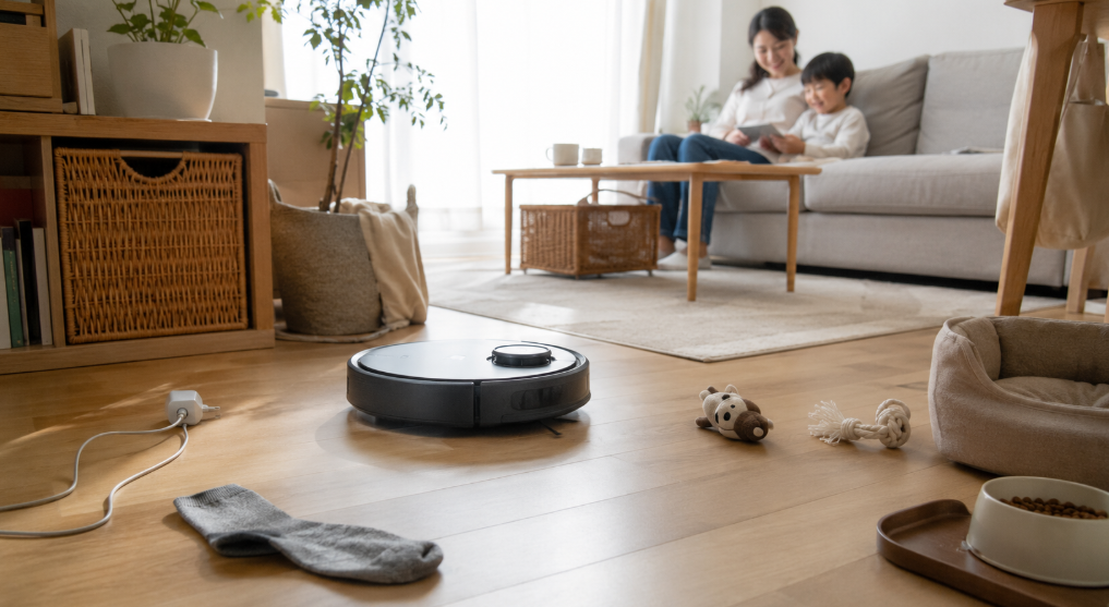 日本のリビングでロボット掃除機が靴下やケーブル、ペット用品を避けながら掃除する障害物回避のイメージ