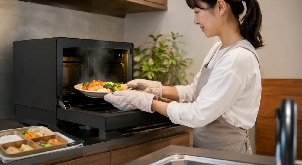 オーブンレンジで温めた料理を取り出す女性。ER-D100CとER-D100Bのあたため機能をイメージ