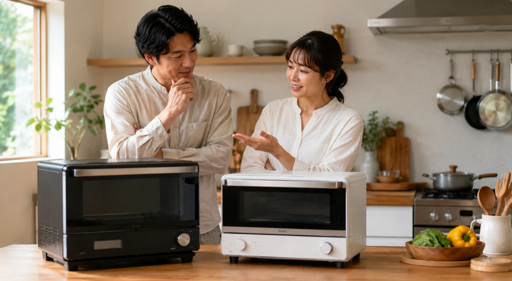 キッチンで2台のオーブンレンジを見比べる夫婦。ER-D100CとER-D100Bの選び方を検討