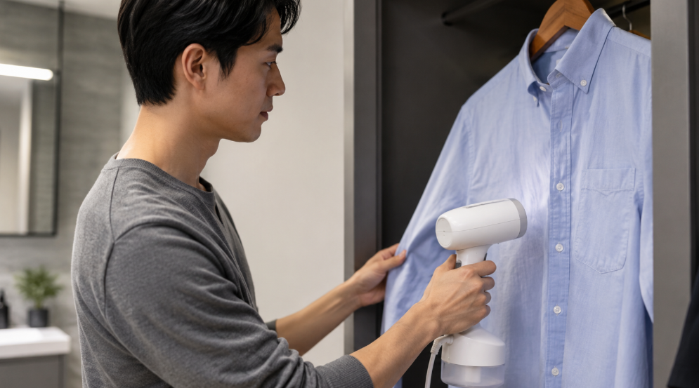 クローゼット前で青いシャツに衣類スチーマーを当てる日本人男性の朝の衣類ケア